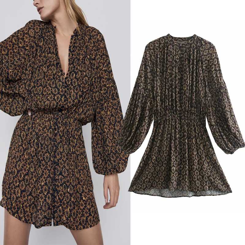

2021 New Black Printed Short Women Fashion Elastic Waist Puff Long Sleeve Vintage Dress Woman Button Casual Dresses O9tt