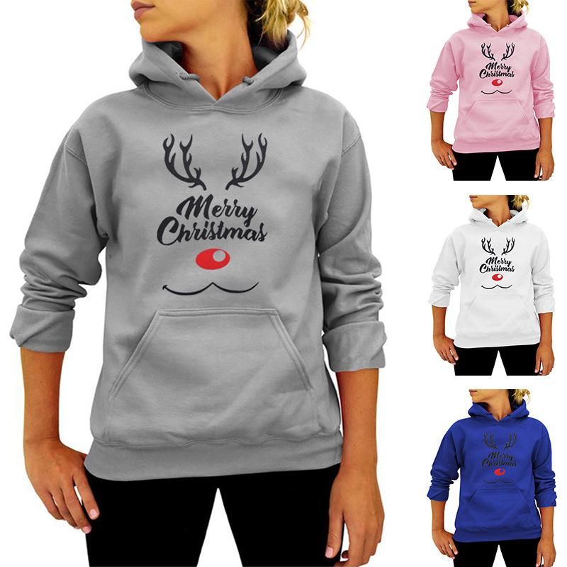 

2020 Merry Christmas Fashion Print Ladies Clothing Long Sleeve Casual Loose Clothes Fall Winter Women Warm Hoodie, Black