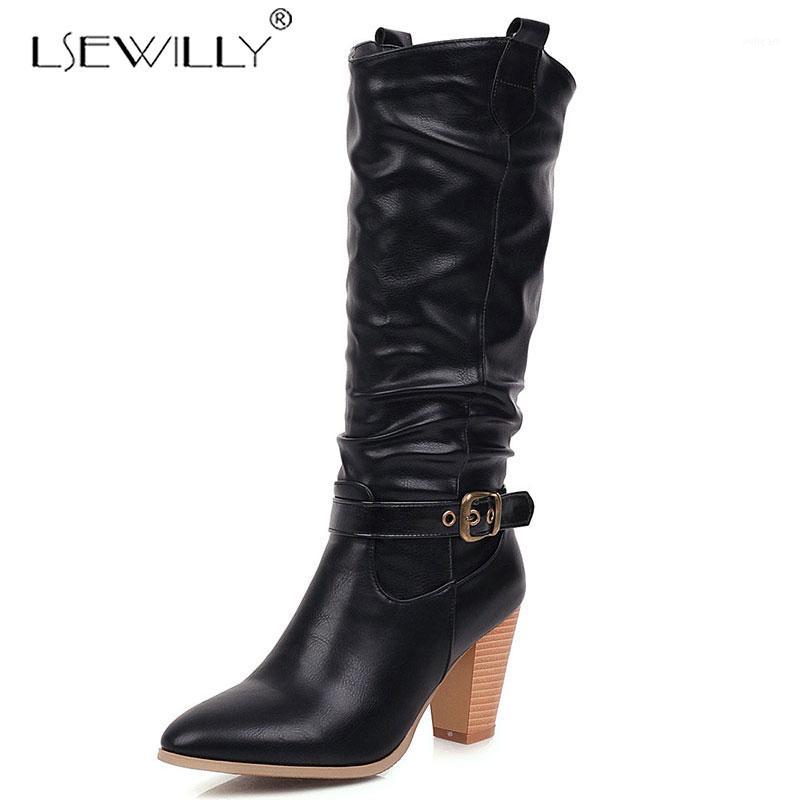 

Lsewilly 2020 hot mid calf boots women round toe buckle autumn winter high heels party dress shoes woman european western boots1, Beige