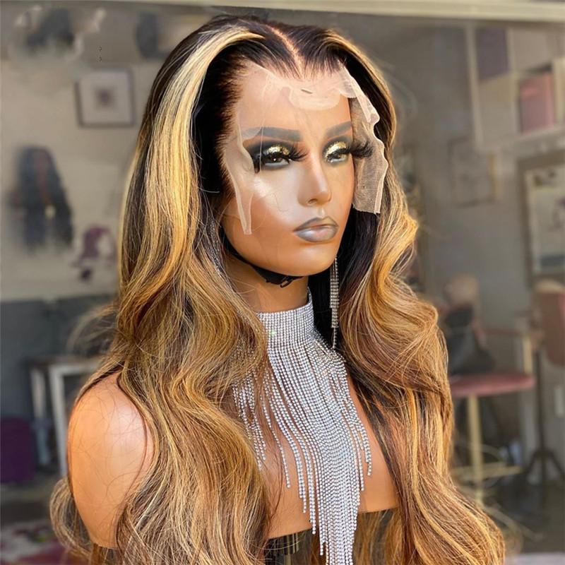 

Long Wavy Highlights Human Hair Wig With Baby Hair 13x4 Lace Part Wig Pre plucked Ombre Colored Lace For Women, Headband wig