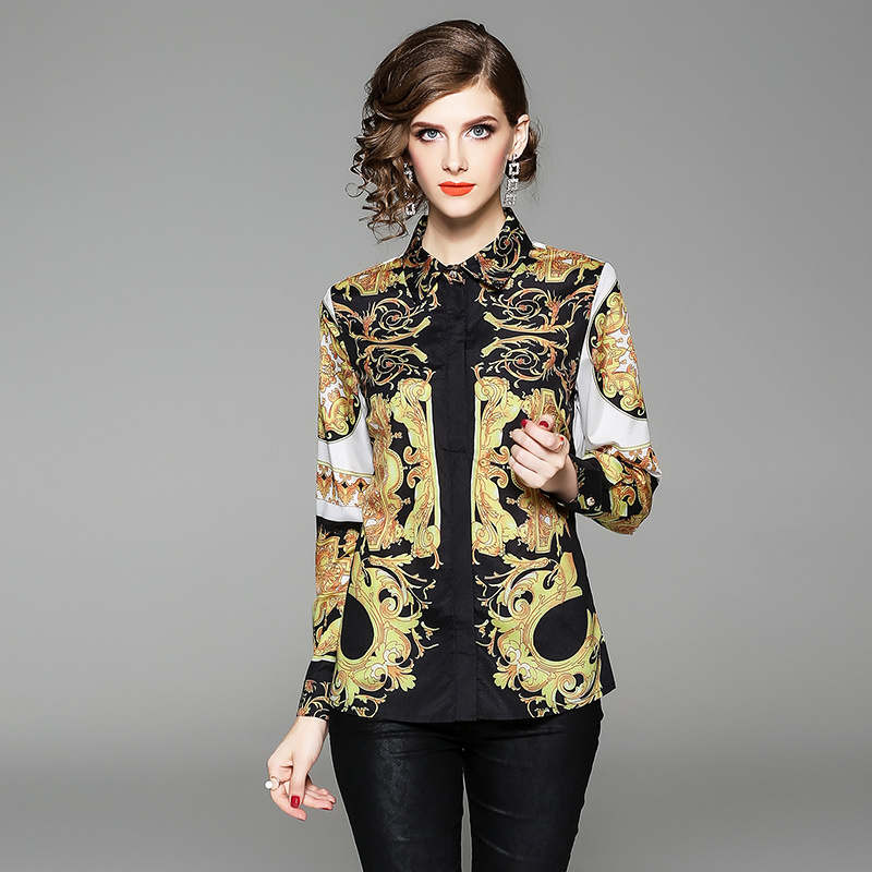 

2021 New Autumn Womens Tops and Blouses Long Sleeve Baroque Pattern Print Chiffon Blouse Ol Work Wear Blusas Ladies Office Shirt Uowz, Gold