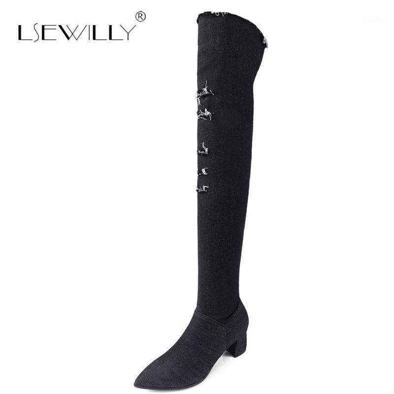 

Lsewilly Women Boots Thick heels autumn Pointed toe Over The Knee Boots High quality jeans fashion plus size 43 S4891, Black