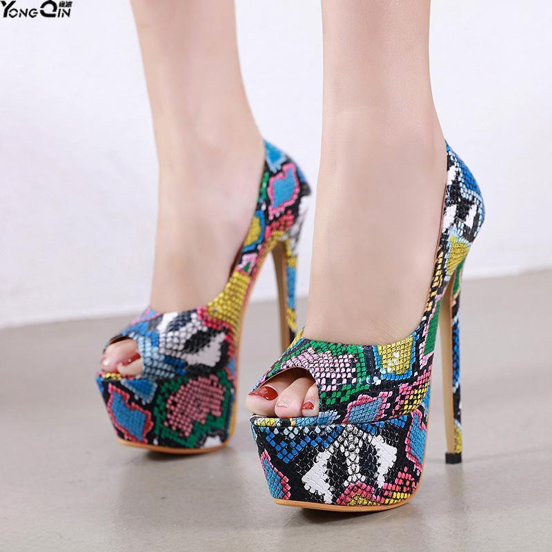 

New Fashion Snake 16cm high heel women pumps peep toe sexy Ladies Sadals Shoes size 34-401, Multicolor