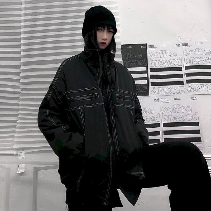 

Thick padded jacket men women Korean retro super cool top-stitched warm dark stand-up collar loose jacket streetwear BF style, Black