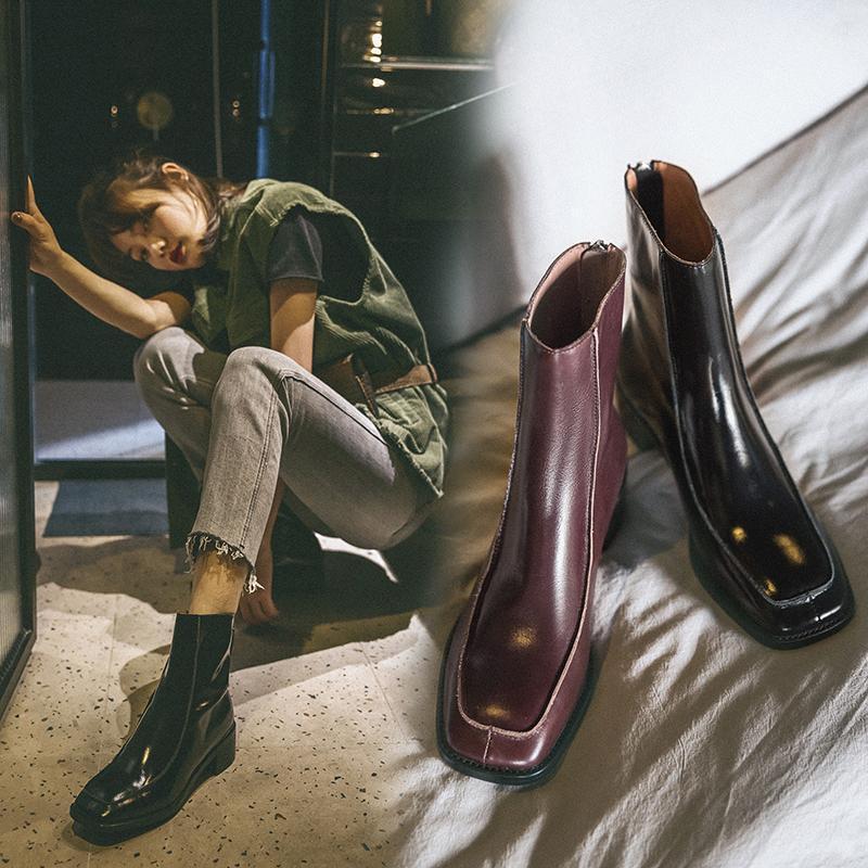 

Fashion Genuine Leather Quality 4cm med Heels Shoes For Women Platform Vintage Women'S Boots Wedding Party Shoes Woman1, Black