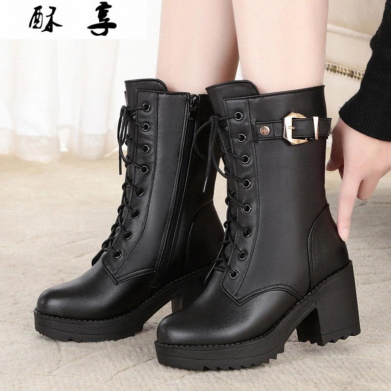 

2020 Winter High-heeled Genuine Leather Women Winter Boots Thick Wool Warm Women Military Boots High-quality Female Snow #y87F, Rosy red
