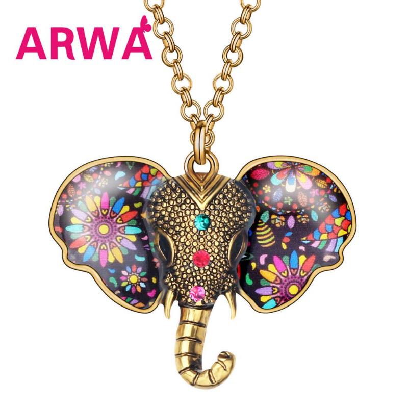 

ARWA Alloy Antique Gold Plated Floral Elephant Necklace Anime Long Jungle Animal Pendant Chain Jewelry For Women Girl Charm Gift