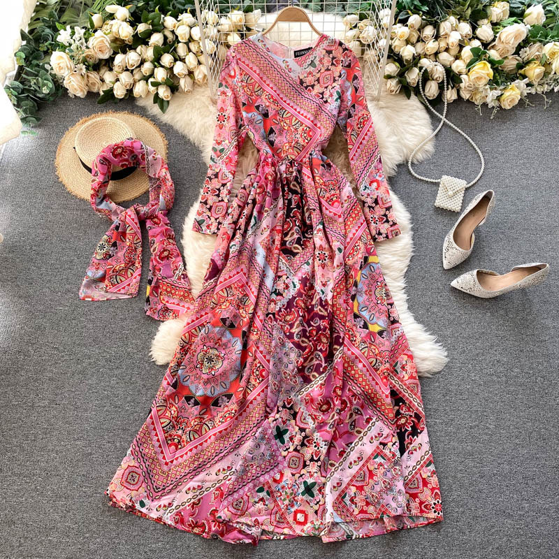 

2021 New Singiny chiffon print maxi female retro neck the line dressed autumn boho vacation dress long + silk handkerchief ZY6H, Purple red