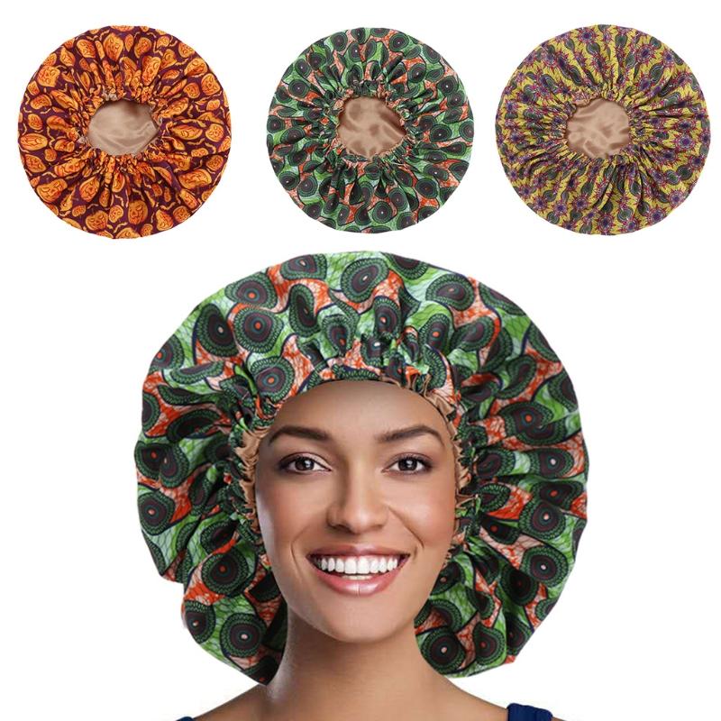 

Women Extra Large Bonnet Elastic Sleep Hat African Floral Printing Double Layer Satin Lined Stretch Hair Loss Chemo Cap