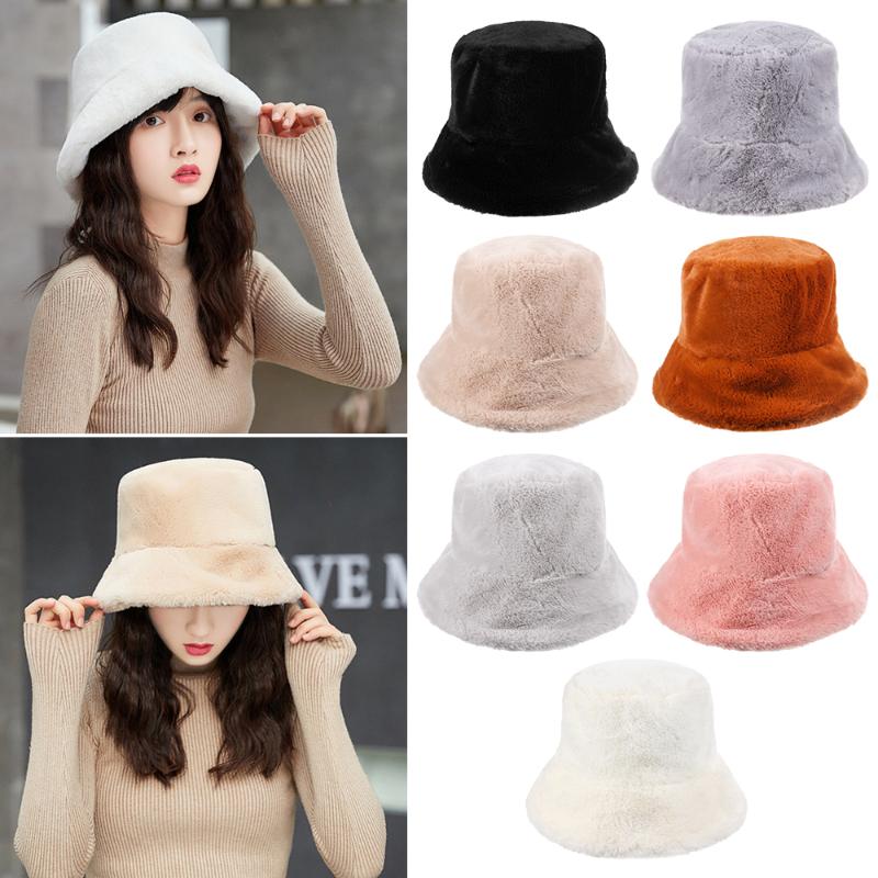 

Fashion Faux Fur Winter Bucket Hat Women Girl Fashion Solid Thickened Soft Warm Fishing Cap Outdoor Vacation Hat Cap Lady, White