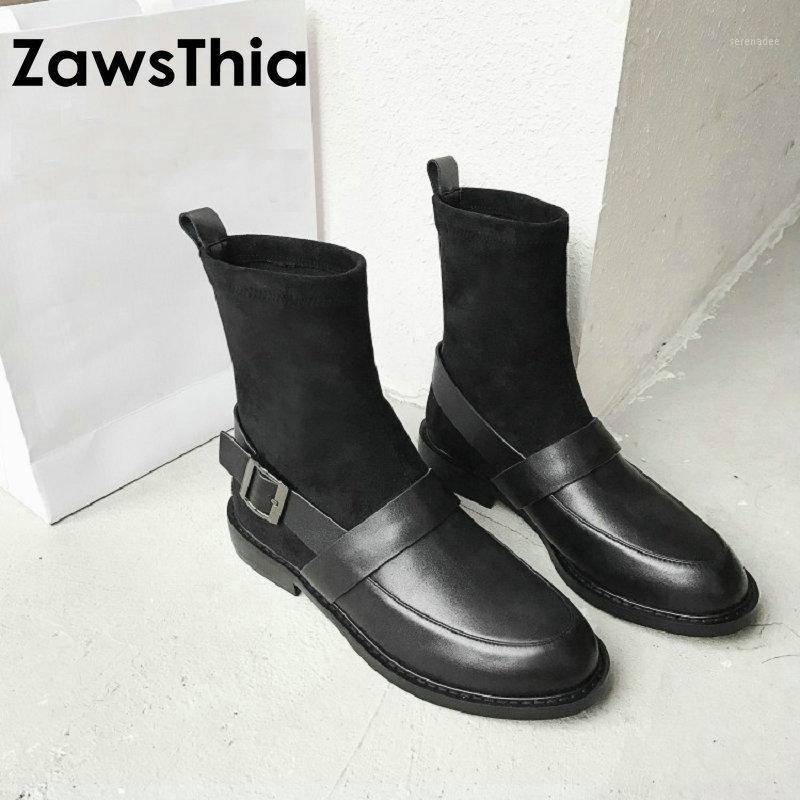 

ZawsThia 2020 winter autumn woman shoes genuine leather low heels mid-calf boots women stretch boots with buckle1, Black-patent vamp