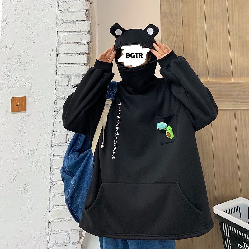 

2021 New Spring and Autumn Toad Pulley Hoodies for Boys in Addition to Velvet Thick Tide Loose with Hoodie Top S7Z8, Black