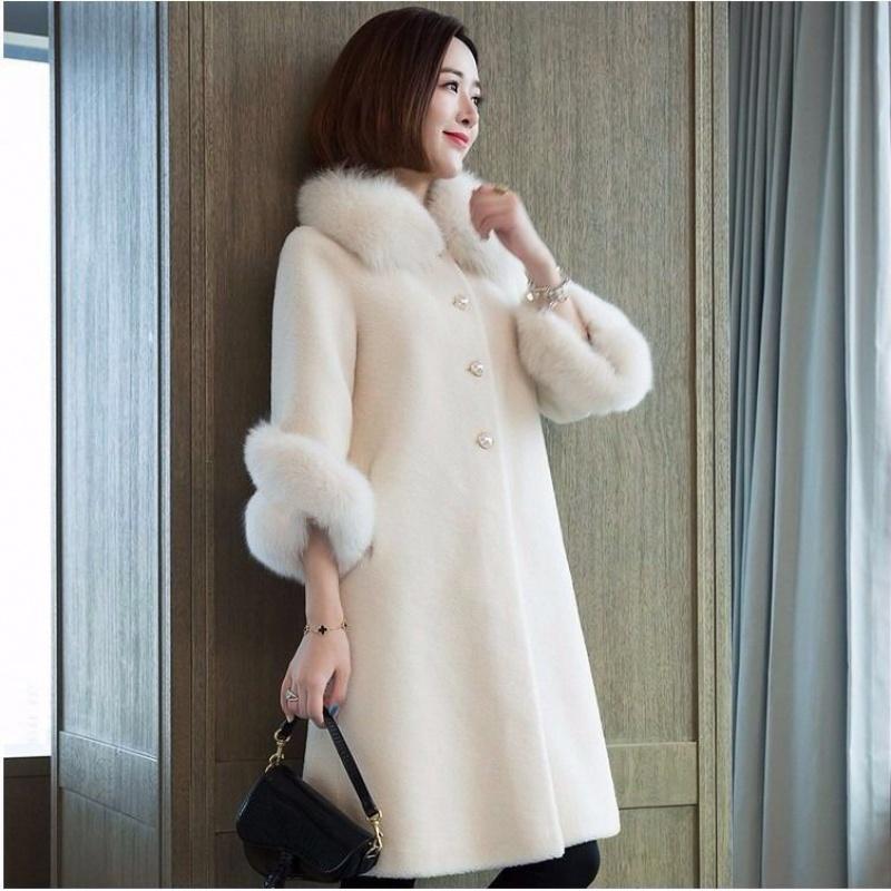 

Faux Fur Long Coat Women' Autumn Winter Solid Loose Imitation Fur Collar Outwear Cashmere Single Breasted Ladies Coat F133, White