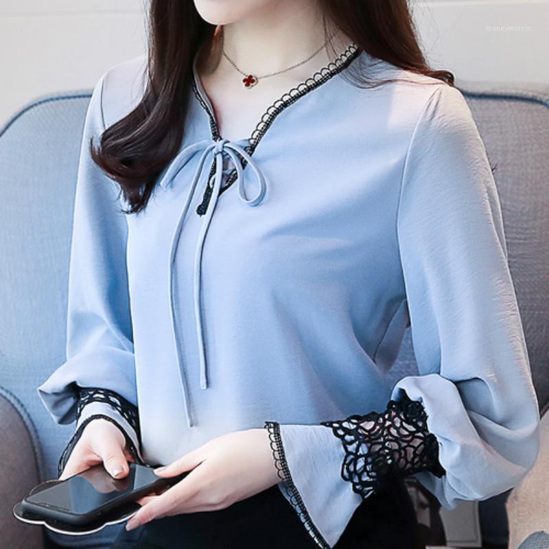

2021 new women tops fashion long sleeved blouses lace casual office women Blouse chiffon shirts female blouses -XXL1, Sky blue
