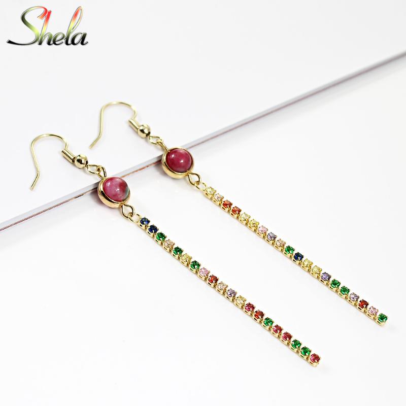 

Long Natural Stone Dangle Earrings for Women Red Colorful Zirconia Charm Gift Fashion Jewelry Pendientes Wholesale, Silver