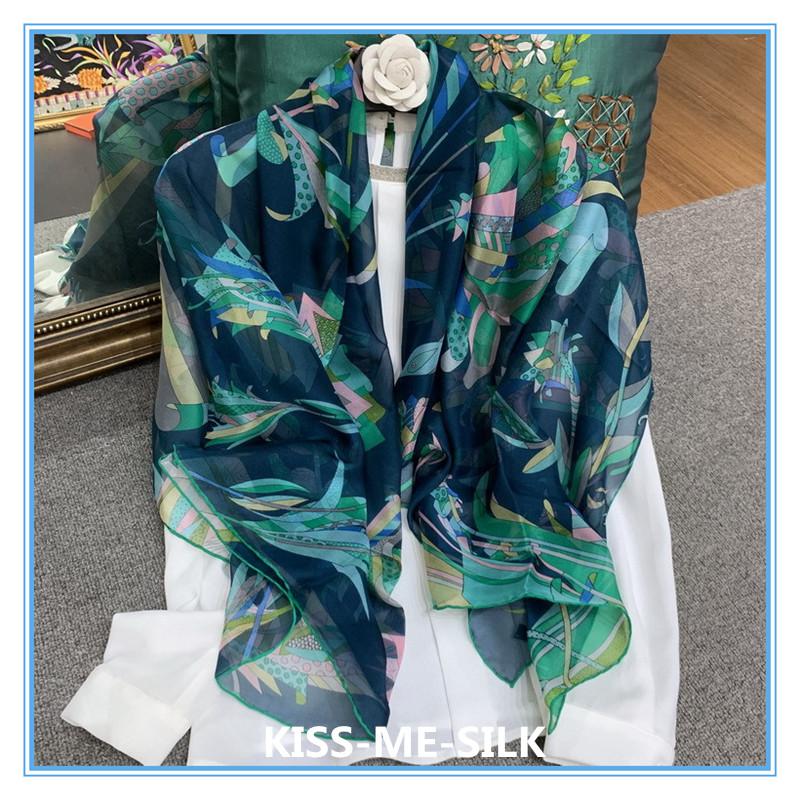 

KMS Beach Scarf Shawl Blue peacock mulberry-silk chiffon large square scarf shawl hand-rolled for Girl Lady Woman 135*135CM/40G