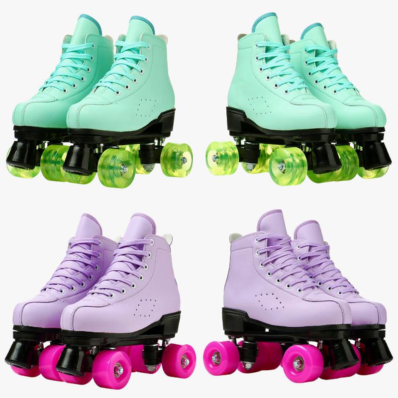 

Purple Quality Leather Roller Skates Double Line Skates PU Two Line Skate Shoes For Women Men Adult Green PU 4 Wheels Patines