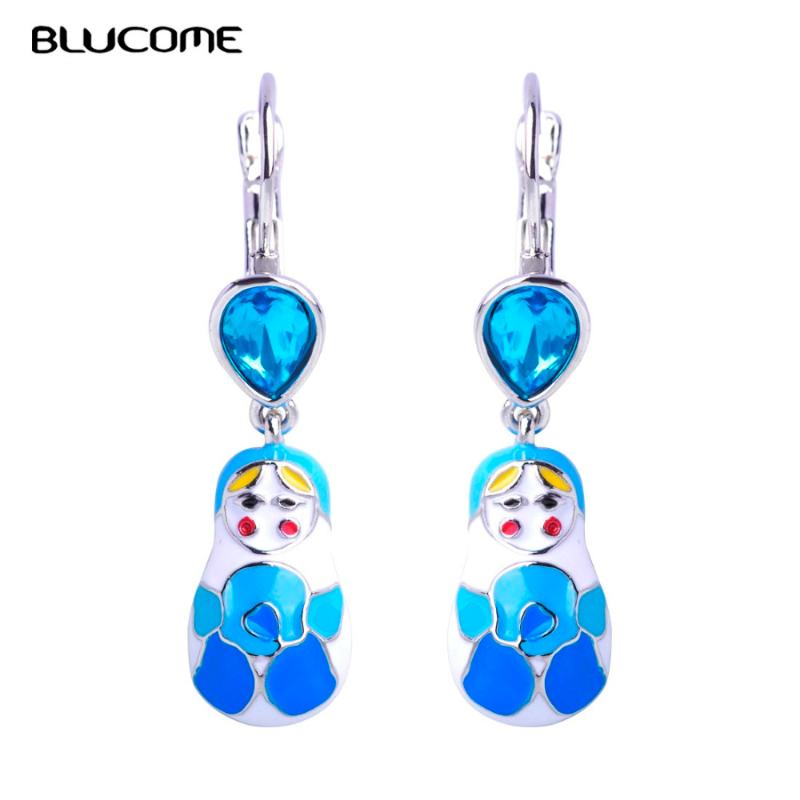 

Blucome Brand New Russia Matryoshka Doll Drop Earrings For Women Girls Blue Enamel Long Dangle Earrings Gold Jewelry Max Brinco