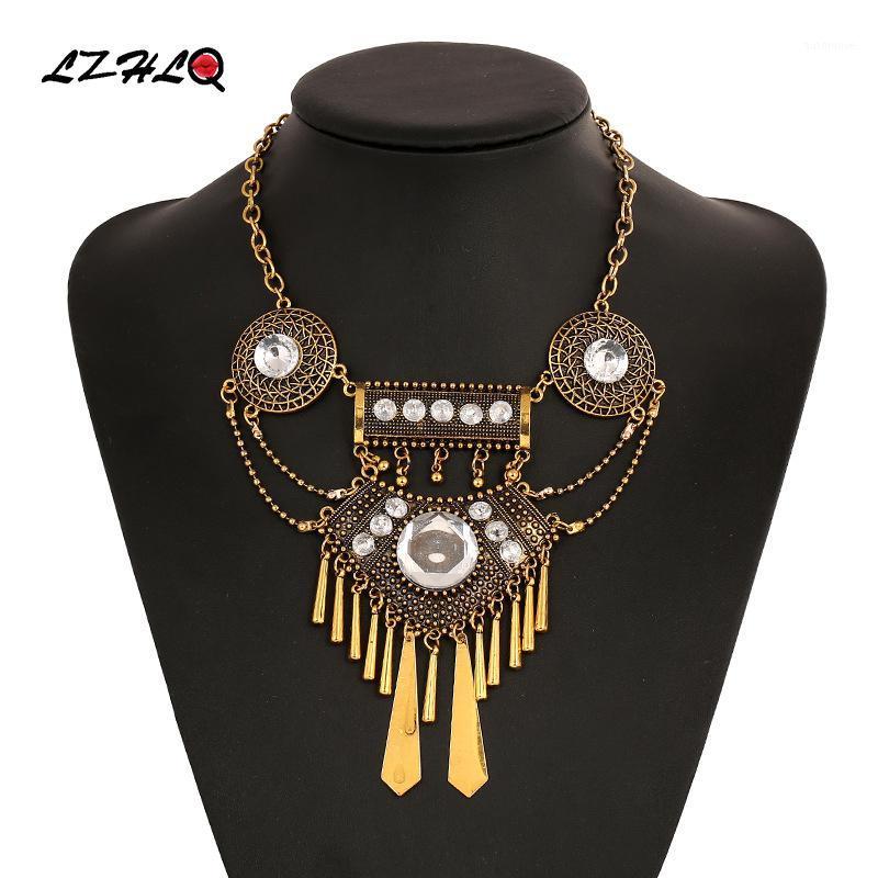 

LZHLQ Women Vintage Clavicle Necklace Round Rhinestone Carving Necklaces Long Tassel Sweater Chain Geometric Metal Brand Jewelry1