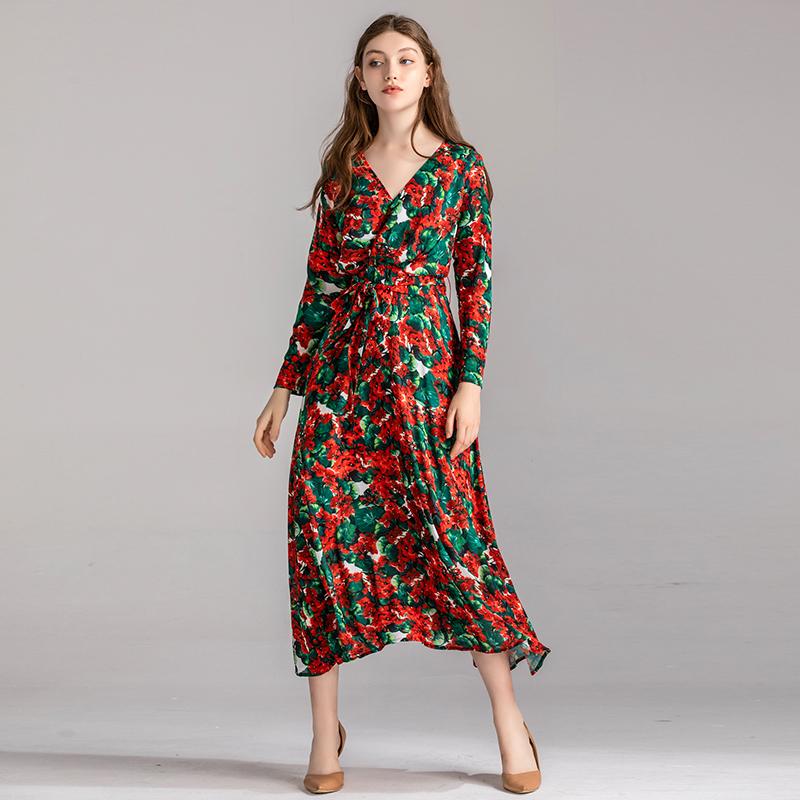 

Wholesale Runway Dress Women Fashion Full Sleeve V-Neck Flower Print Red Belt Boho Long Dress Vestidos, As photo
