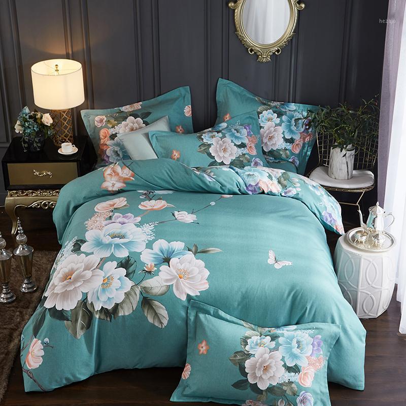 

Blue gray 100% Cotton Bedding Set Duvet Cover Sheet Pillowcase King Queen Size flowers Bed Linen1, 15