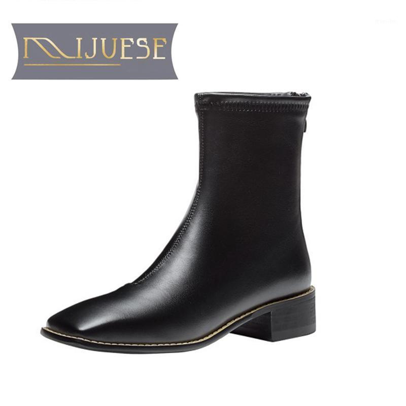 

MLJUESE 2021 women ankle boots zipper winter short plush square toe high heels female boots size 391, Black