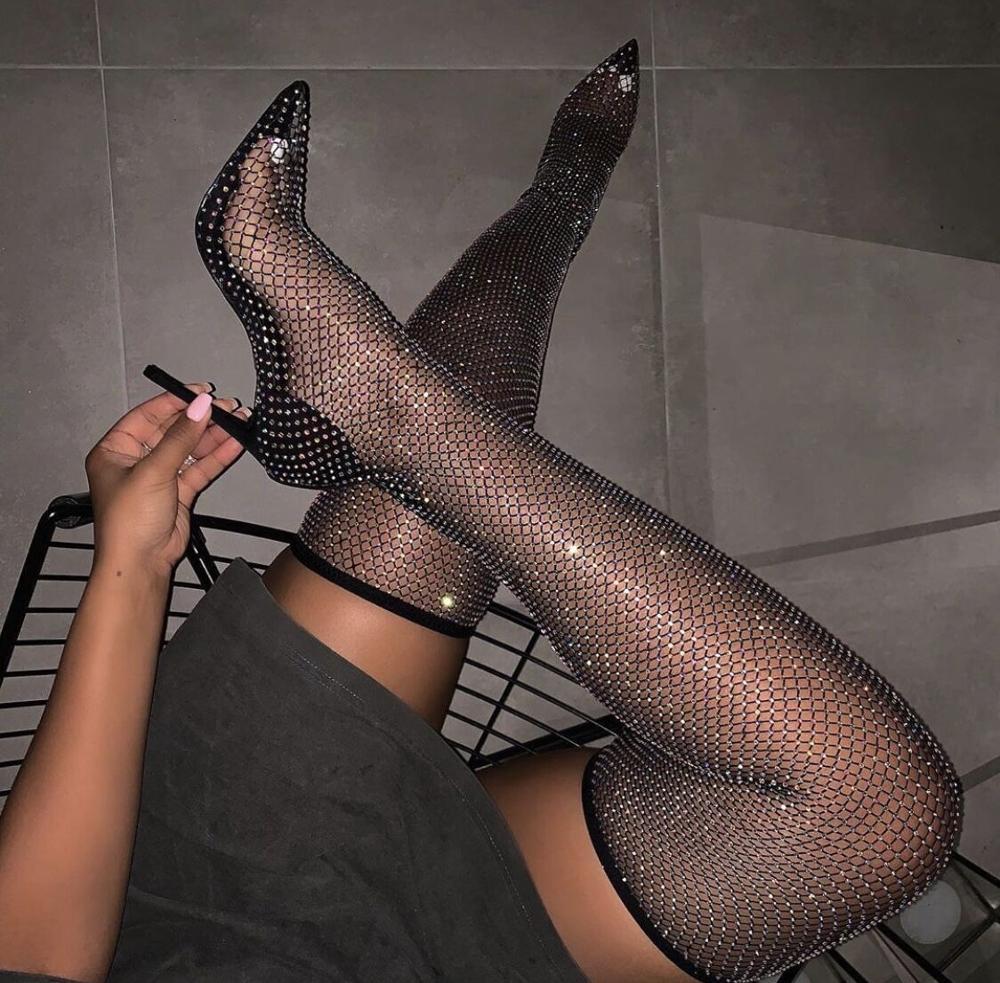 

Strass Sexy Shiner Mesh Thigh Boots Pointed Toe-to-toe Girl High Heels Will See Bling Crystal on the Knee Shoes 2gzy, Black 1