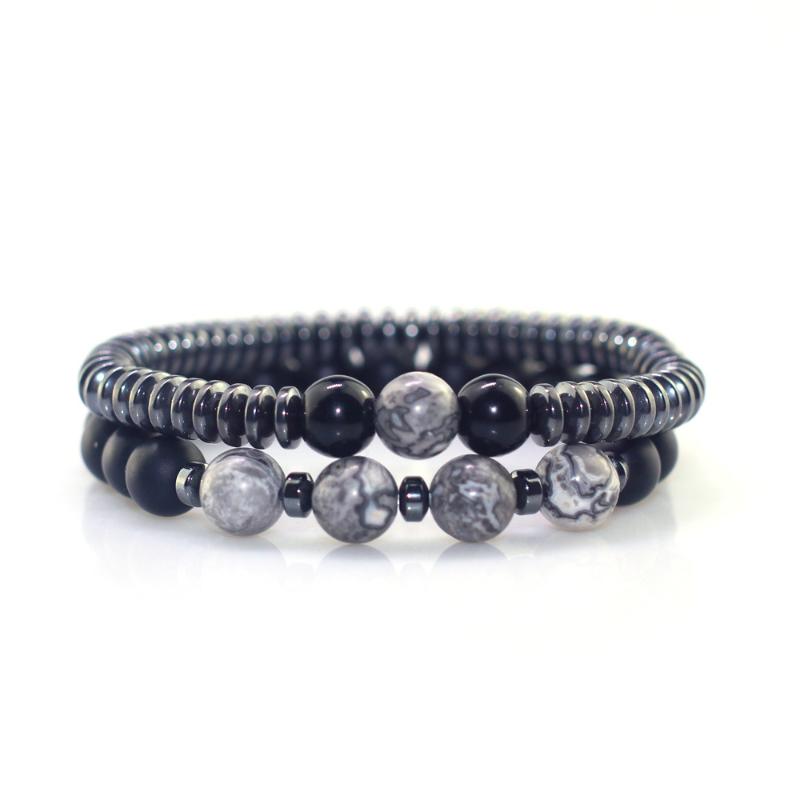 

Rinhoo 2PCS/Set Men Bracelets Natural Black Frosted Stone Polished 8mm Beaded Bracelet Handmade Elastic Pulsera Women Jewelry