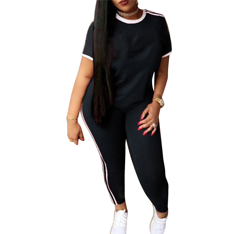 New Arrival High Fashion Casual 2 Piece Women Set Solid Letter O-Neck Short Sleeve Long Pants Bodycon Set