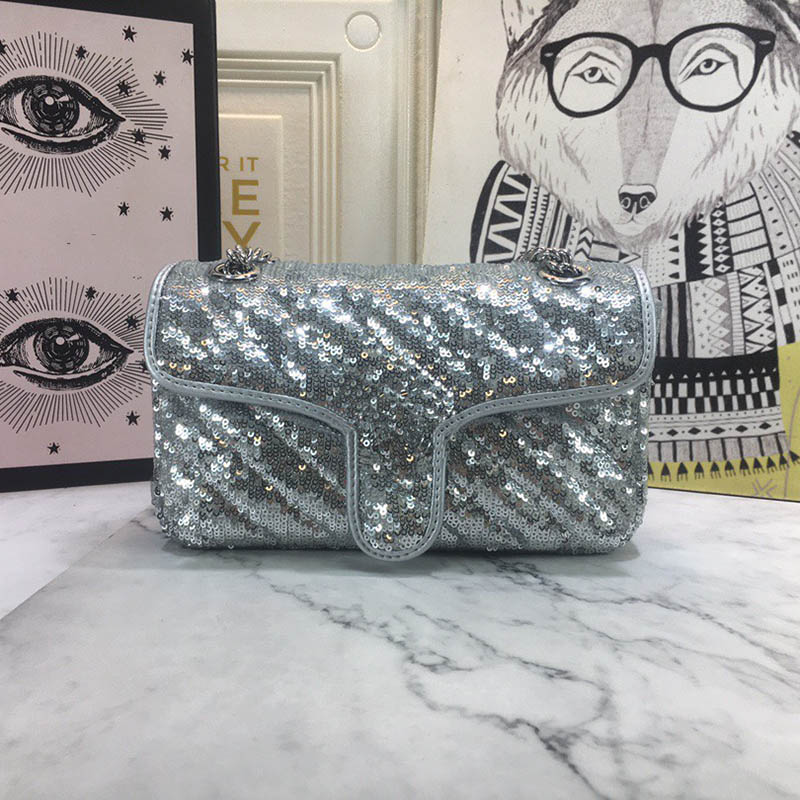 

latest Marmont mini sequin shoulder bag 446744 fashion women bags Black silver gold green color size 22*13*6 cm