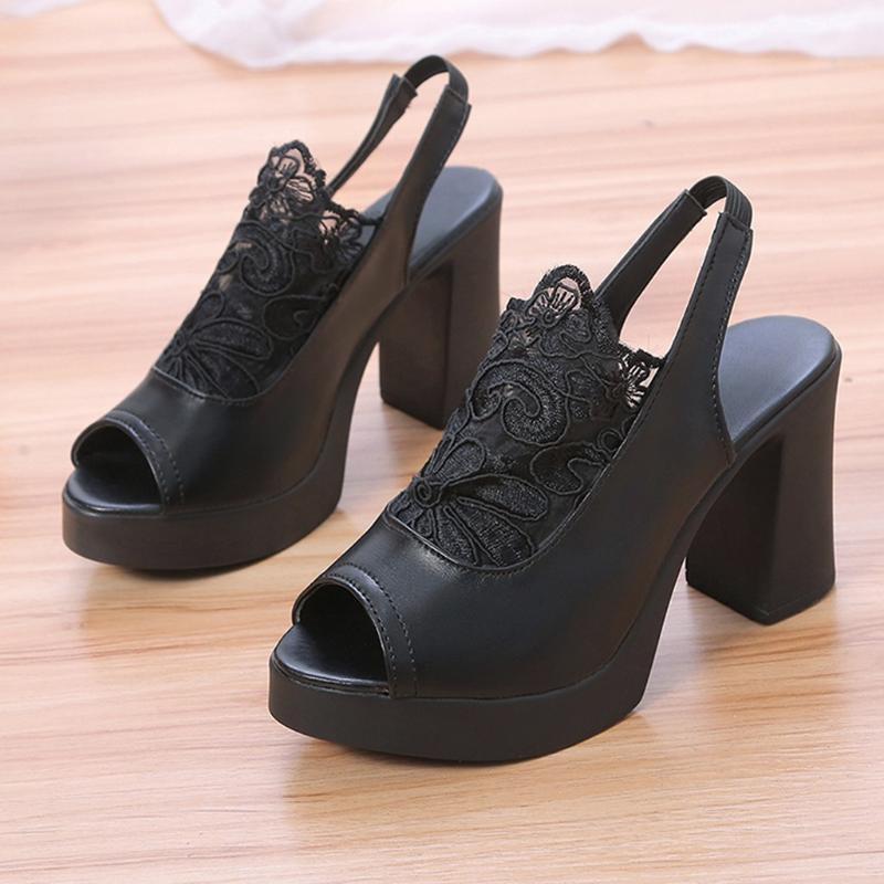 

Sagace Women Sandals Chaussure Femme Sandalias De Verano Fish Mouth Mesh Yarn Embroidered Chunky Heel Platform Sandals1, Bk
