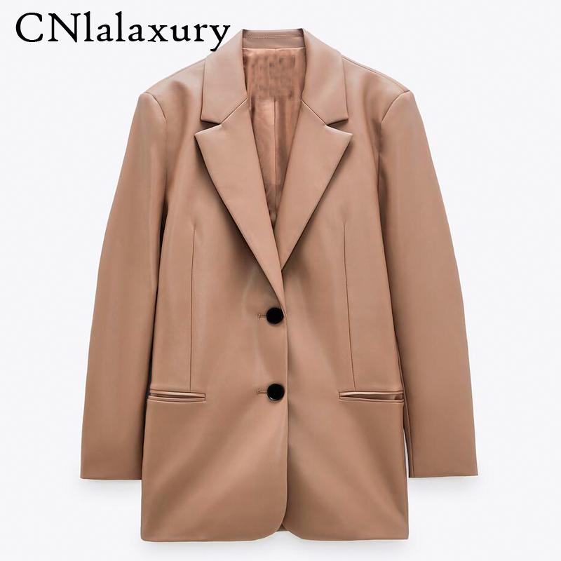 

New Autumn Women Vintage Faux Leather Blazers Jackets Solid Pockets Suit Coat Female Outwear Top Elegant Blazer Office Overcoats, As shown in figure