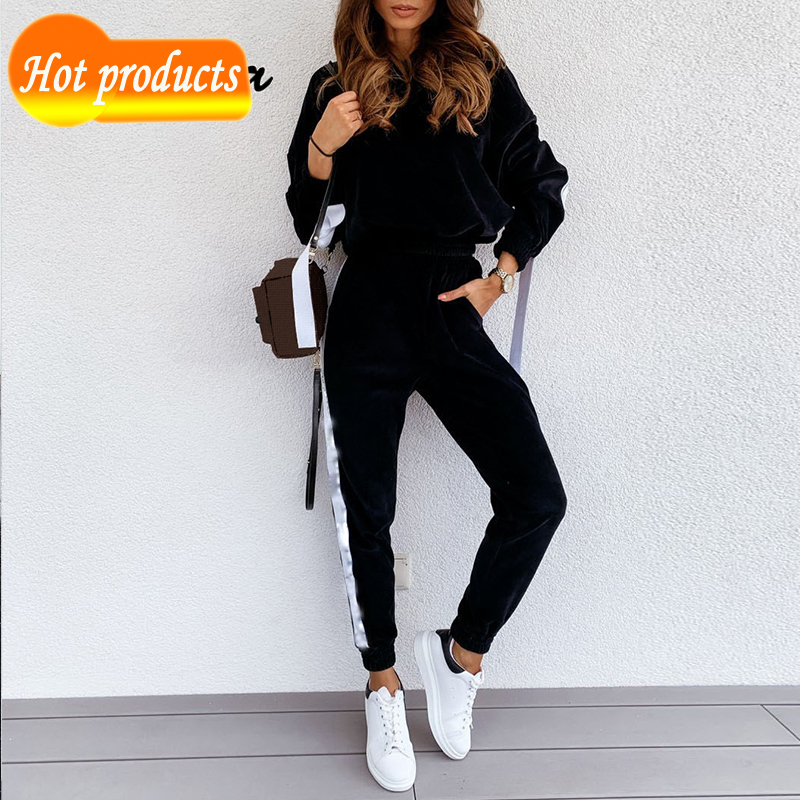 

Women' hooded sweatshirt casual suit shoulder sleeve long fall female winter set of two pieces T9Y2, Red.