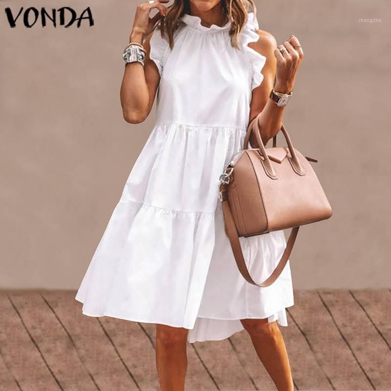 

VONDA Sexy Dress Women Vintage Sleeveless Ruffled Mini Dress 2020 Summer Beach Holiday Sundress Bohemian Vestidos Plus Size Robe1, Black