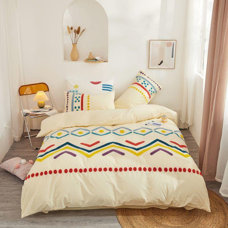 

Beige Bedding Set Cotton bed linen Towel embroidery Bed Set Childlike style Duvet Cover/sheet/pillowcases Queen/King Size, Colour 2
