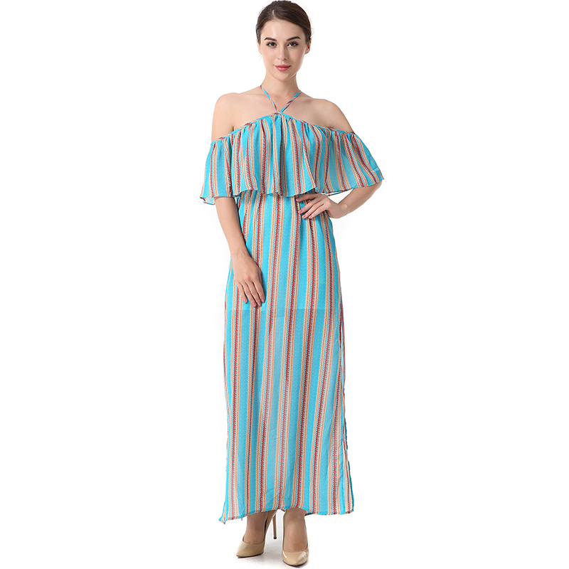 

Stripped Halter Summer Dresses Sexy Party Women Long Dressed with Babados S- 2tfh, Color 2