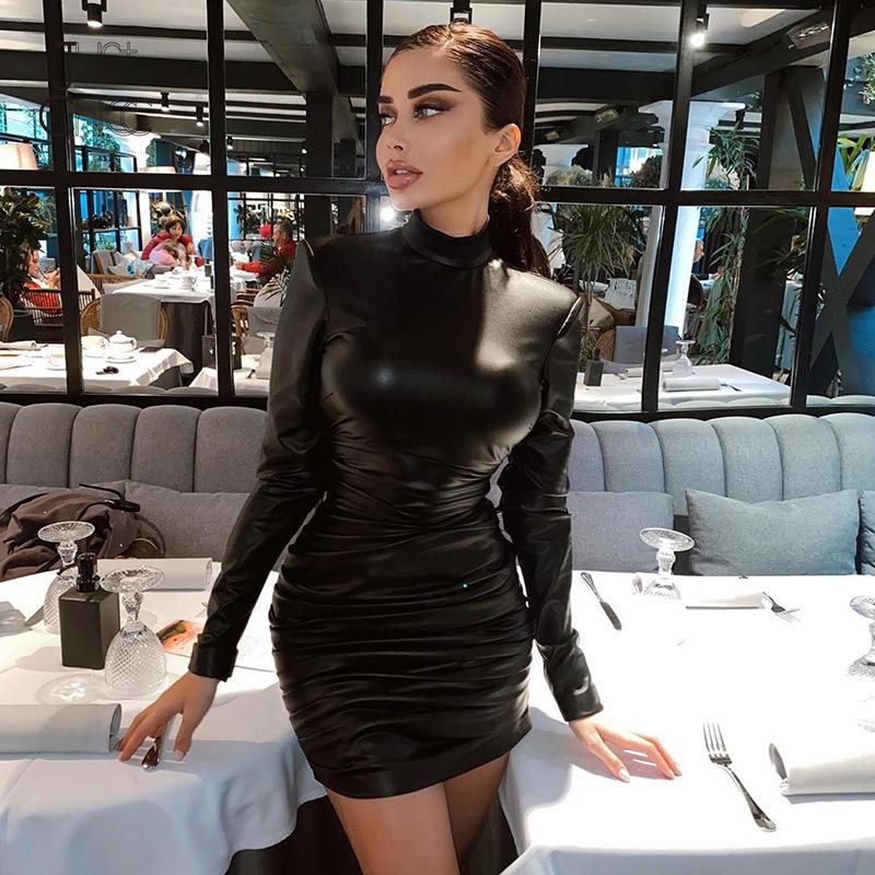

Justchicc Long Sleeve Pu Leather Autumn Dress Winter Black Bodycon Party Club Ruched Mini Dress O Neck Slim Female Vestios