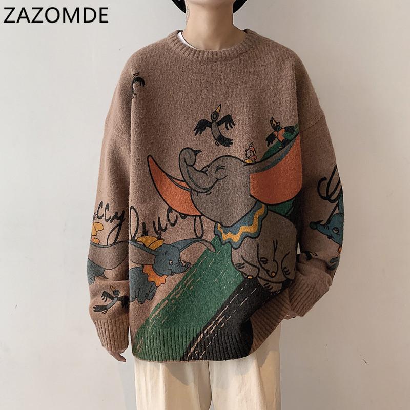 

ZAZOMDE Cartoon elephant Print Crew Neck Sweater Men and Women High Street Pullover Knitted Sweaters Oversize Casual Top, 332white