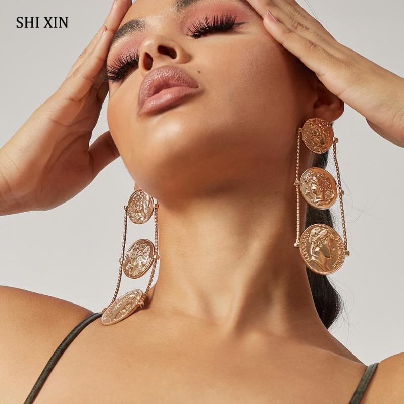 

SHIXIN Hiphop Big Portrait Coin Drop Earrings for Women Layered Long Earrings Hanging 2020 Large Statement Jewelry Gift
