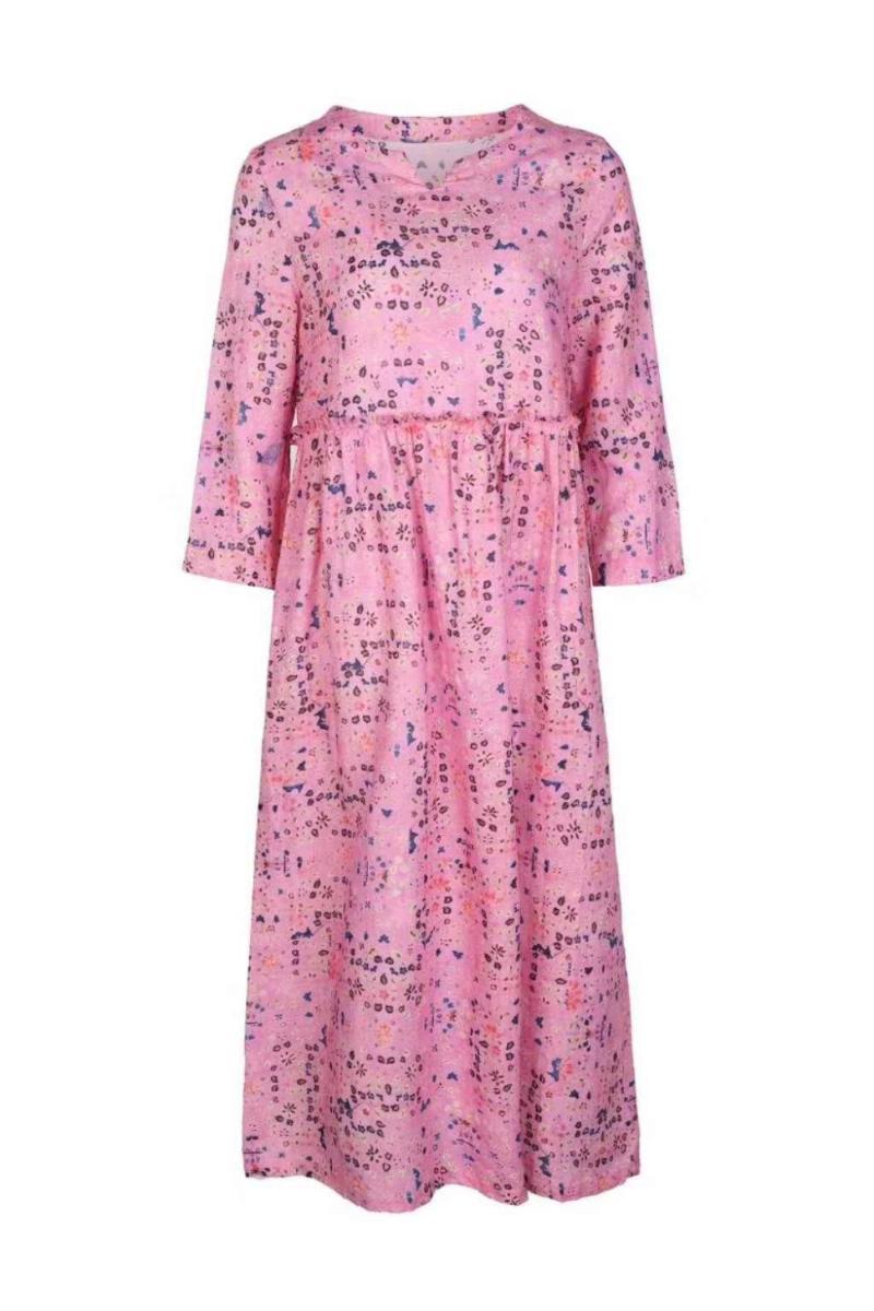 

2020 Real Ramie Fashion Summer Dress Women V Neck Three Quarter sleeves Lightweight Fabric Straight Ladies Casual Dresses, Pink