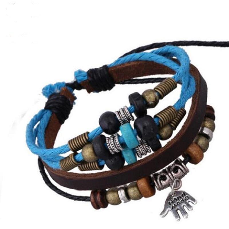 

Korean New Trendy Cute Mini Buddha Hand Pendant Charm Bracelet Women & Men's Multilayer Genuine Brown Leather Rope Bracelet