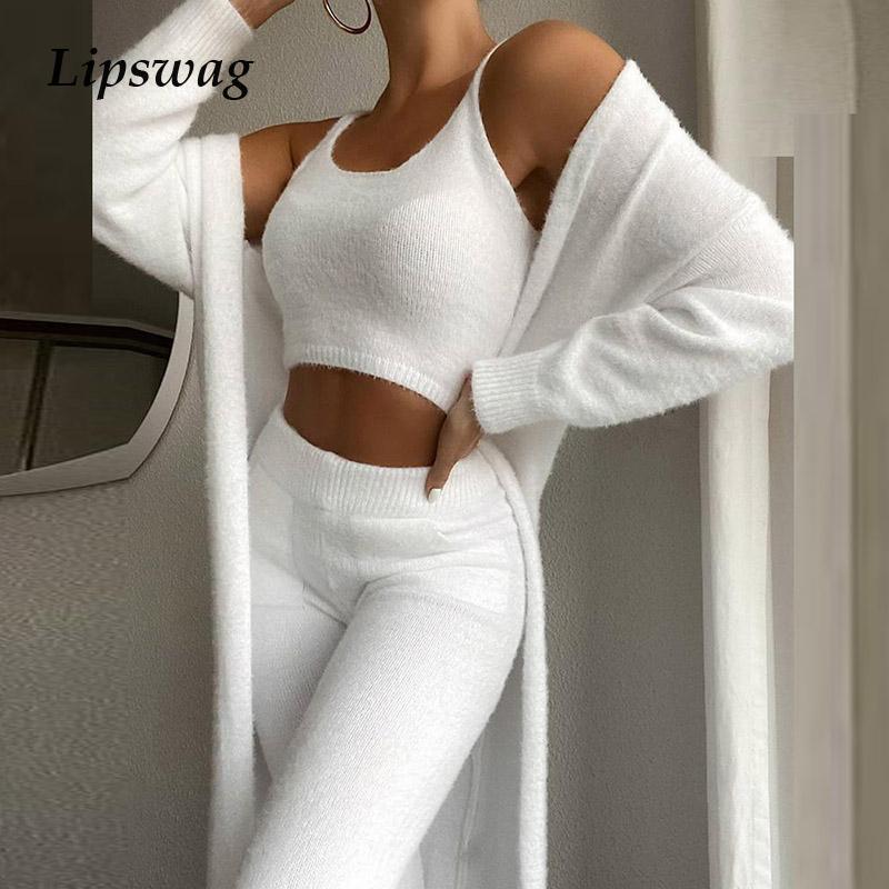 

Autumn Elegant Women Solid Knit Three Piece Sets Sexy Crop-top And Long Pants And Warm Coat Suits Casual Ladies Homesuit Winter, White