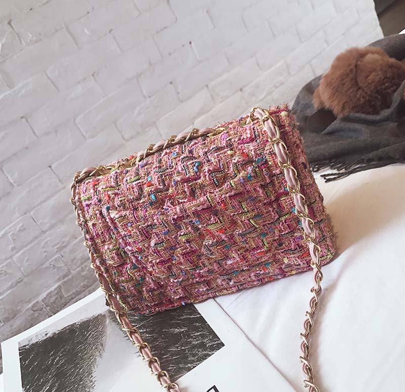 

Women's bag fashion wool suiting lock buckle plaid small square shoulder crossbody chain bags, Black