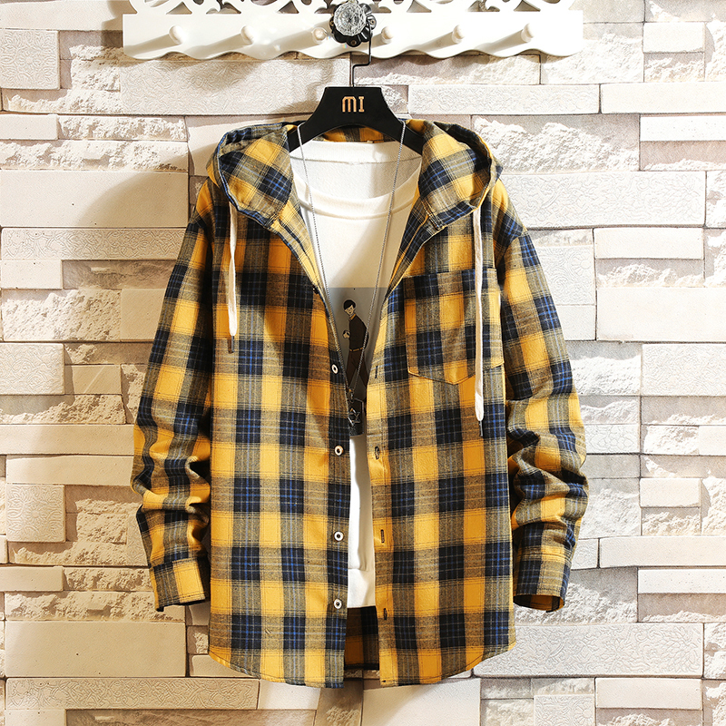 

2021 New Hip Hop Streetwear Casual Plaid Shirt Men Long Sleeve High Quality with Hooded Cbjo, Asian size w c526 b