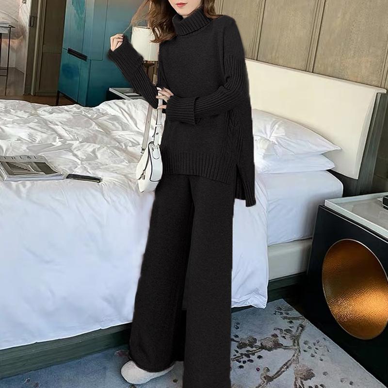

Sweater Set Women Tracksuit Spring Autumn Knitted Suits 2 Piece Set Warm Turtleneck Sweater Pullovers Wide Legs Pants, Black