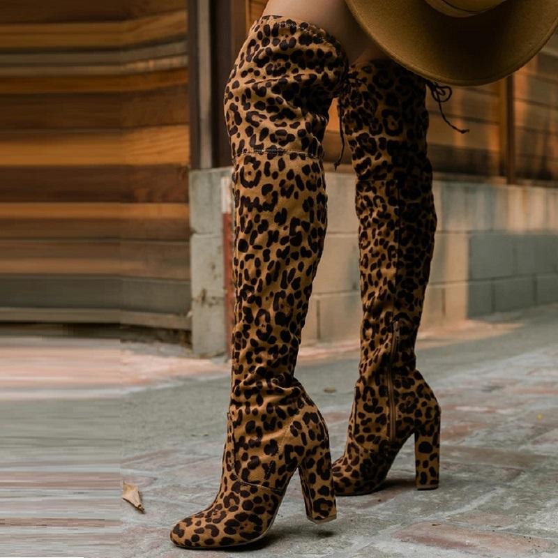 

Autumn Winter Leopard Women Over The Knee Boots High Heels Lace Up Ladies Shoes Round Toe Female Thigh High Long Boots, Black