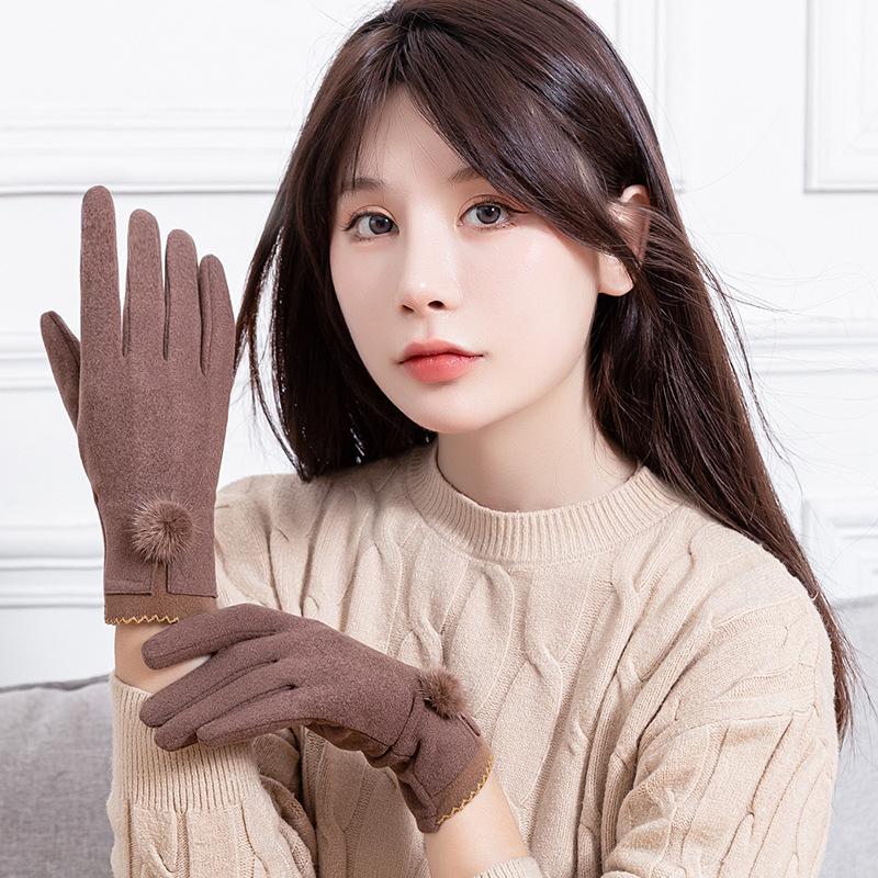 

Autumn And Winter Women Thin Section Single Layer Keep Warm Touch Screen Solid Gloves Hairball Cute Lovely Cycling Elasticity