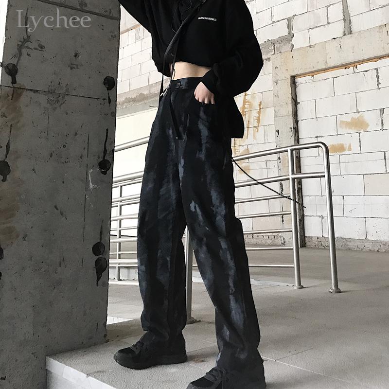 

Lychee Harajuku Tie Dye Print Women Wide Leg Pants Casual Loose High Waist Pants Dark Punk Autumn Trousers, As pic