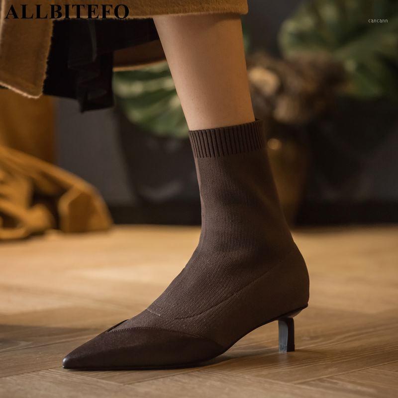 

ALLBITEFO genuine leather+knitting sexy high heels women shoes autumn ankle boots for women thin heels boots1, As picture