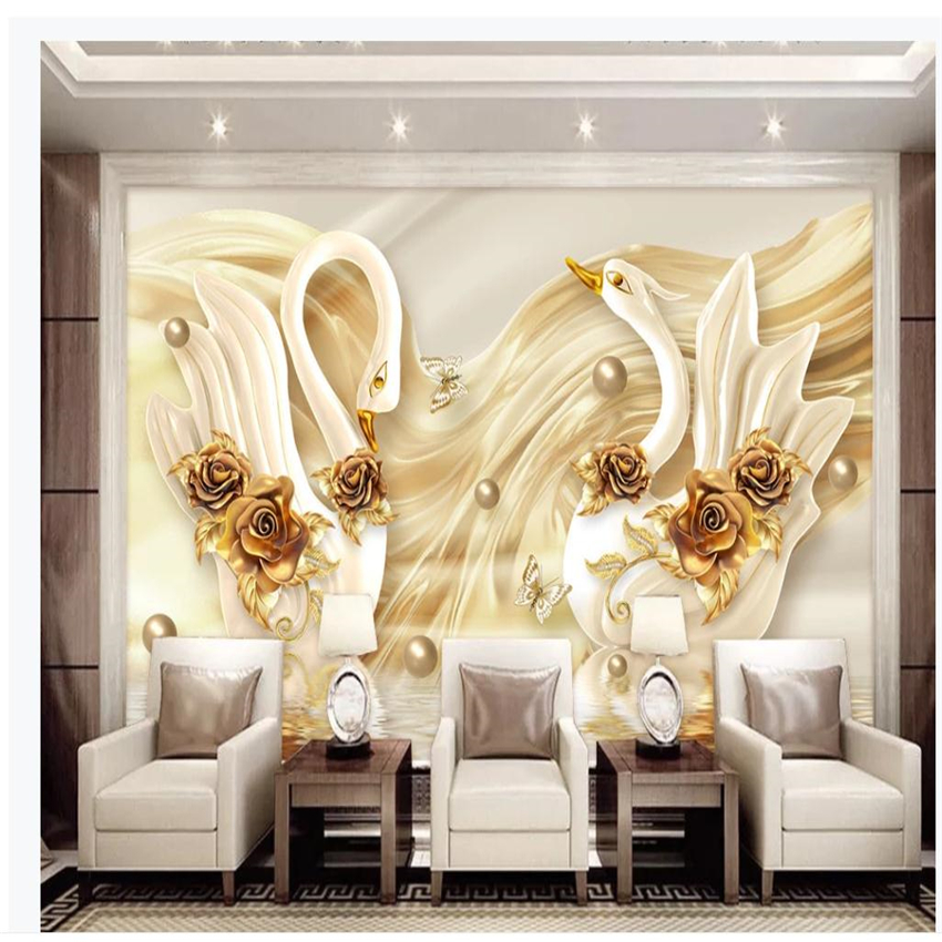 

3d luxury 3d stereoscopic wallpaper golden swan rose flower wallpapers soft bag jewelry TV background wall, Gold
